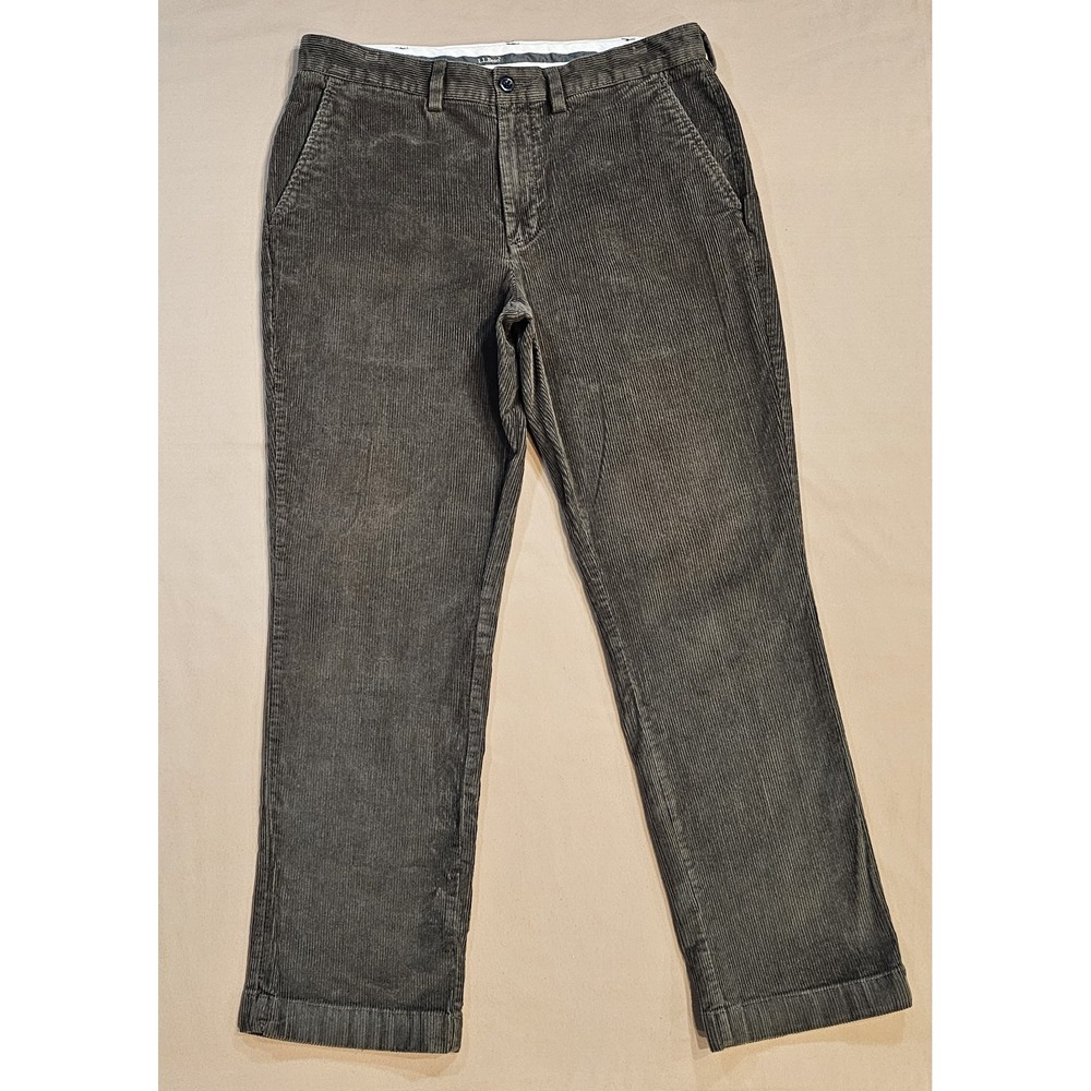 LL Bean Pants Mens 33x30 Green Corduroy Chino Standard Straight Stretch Preppy